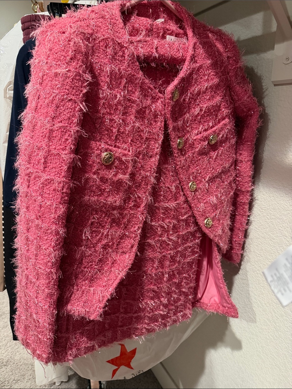 Textured Pink Bouclé Blazer with Gold Buttons